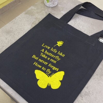 Black Tote Bag – Butterfly with inscription